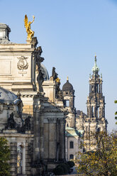 Germany, Dresden, academy of fine arts at Bruehl's Terrace and Dresden Cathedral in the background - JATF01102