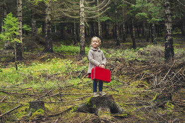 Full length of girl with red briefcase standing on tree stump at forest - CAVF57442