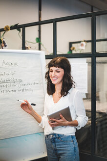 Smiling businesswoman holding digital tablet while writing business strategy in office - MASF10027