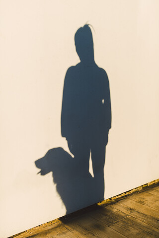 Schatten einer Frau und ihres Hundes auf einer weißen Wand, lizenzfreies Stockfoto