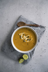 Lentil soup with sweet potato and bread, from above - MBEF01451