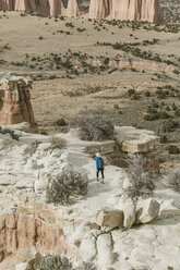 High angle view of carefree hiker hiking at desert - CAVF57595