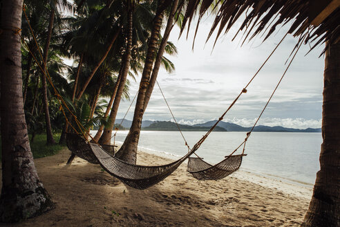 Hammocks hanging amidst coconut palm trees at beach - CAVF57663