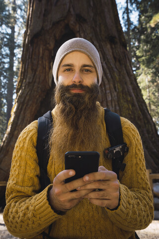 USA, Kalifornien, Yosemite National Park, Mariposa, Porträt eines bärtigen Mannes mit Handy am Mammutbaum, lizenzfreies Stockfoto