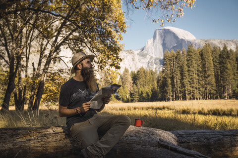 USA, Kalifornien, bärtiger Mann mit einer Landkarte auf einem Baumstamm im Yosemite-Nationalpark sitzend, lizenzfreies Stockfoto