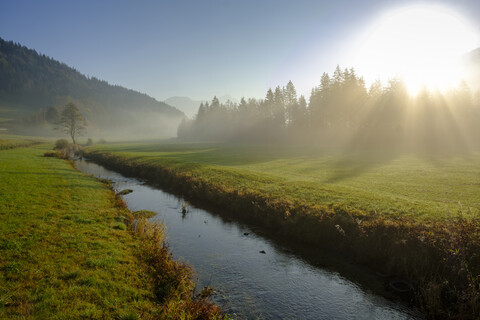 Deutschland, Oberbayern, Aurach bei Fischbachau, Morgennebel, lizenzfreies Stockfoto