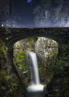 Blick auf einen Wasserfall durch eine Brücke im Mt. Rainier National Park - CAVF57816