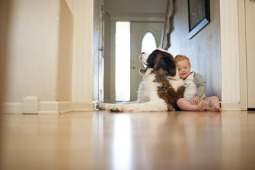 Niedlicher kleiner Junge mit Hund zu Hause sitzend - CAVF57897