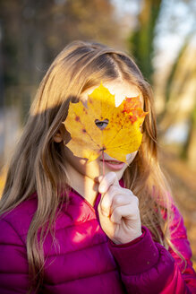 Porträt eines Mädchens, das durch ein herzförmiges Loch in einem Herbstblatt schaut - SARF04002