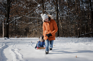 Glückliche Mutter, die ihre Kinder im Winter auf einem Schlitten sitzend durch den Wald zieht - CAVF58091