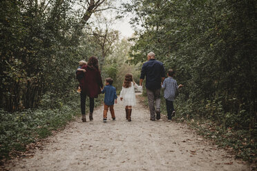 Rückansicht einer Familie, die sich an den Händen hält, während sie auf einem unbefestigten Weg inmitten des Waldes spazieren geht - CAVF58099