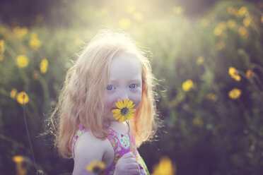 Porträt eines niedlichen Mädchens mit gelber Blume auf einem Feld an einem sonnigen Tag - CAVF58275