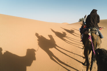 Rear view of friends sitting on camel at desert against sky during sunny day - CAVF58297