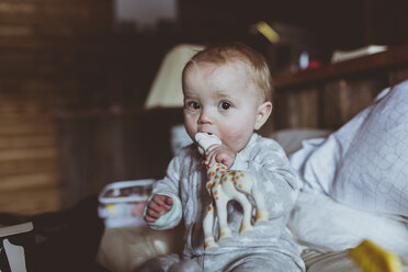 Porträt eines niedlichen Baby-Mädchens, das auf dem Bett sitzend ein Stofftier beißt - CAVF58341