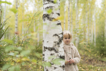 Porträt eines blonden Mädchens, das im Birkenwald spielt - PSIF00179