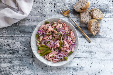 Sausage salad with cheese, gherkins and baguette - SARF04004