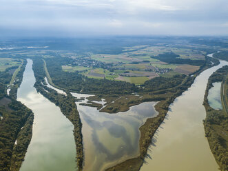 Germany, Bavaria, Burghausen, Aerial view of Salzach river and Inn river, river mouth - JUNF01551