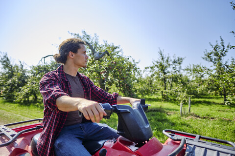 Landwirt fährt Traktor im Obstgarten gegen den klaren Himmel, lizenzfreies Stockfoto