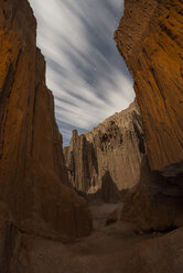 Scenic view of slot canyons against cloudy sky at Cathedral Gorge State Park - CAVF58965