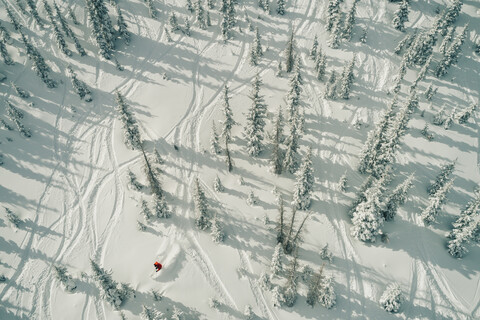 Luftaufnahme eines Mannes beim Skifahren auf einem schneebedeckten Feld im Wald, lizenzfreies Stockfoto