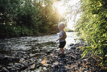 Seitenansicht eines Jungen, der Kieselsteine in einen Fluss wirft - CAVF59112