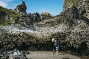 Seitenansicht eines Jungen, der auf einem Hügel am Strand steht - CAVF59146