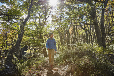 Chile, Cerro Castillo, Junge auf Wandertour im Wald - SSCF00231