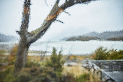 Chile, Torres del Paine, Lago Grey, Blick aus dem Fenster mit Regentropfen - SSCF00254