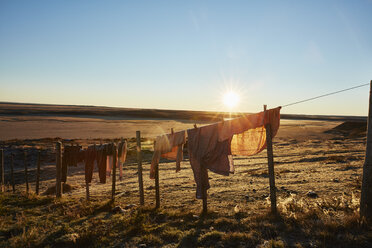 Chile, Feuerland, Wäsche zum Trocknen auf der Wäscheleine einer Estancia - SSCF00273