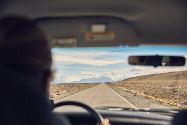 Argentina, Patagonia, El Chalten, woman driving camper on road towards Fitz Roy - SSCF00297