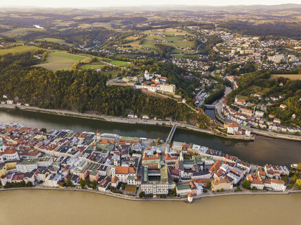 Germany, Bavaria, Passau, City of three rivers, Aerial view, Danube and Inn river, Veste Oberhaus - JUNF01568