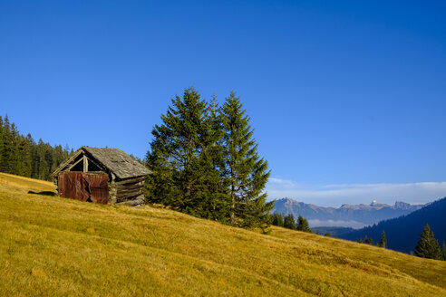 Deutschland, Bayern, Schwaben, Allgäuer Alpen, Oberallgäu, bei Grasgehren, kleine Hütte und Hochvogel - LBF02288