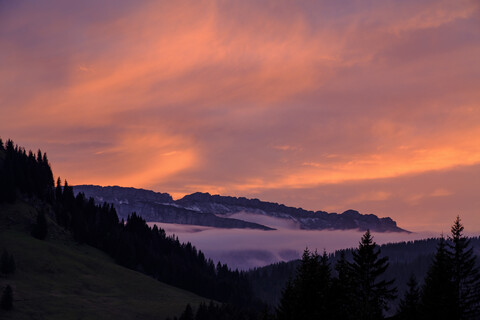 Germany, Bavaria, Swabia, Allgaeu Alps, Oberallgaeu, near Grasgehren, Gottesackerplateau at sunset stock photo