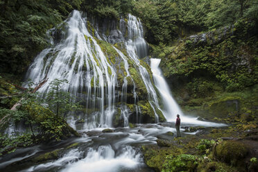 Mann in voller Länge an einem Wasserfall im Gifford Pinchot National Forest stehend - CAVF59459