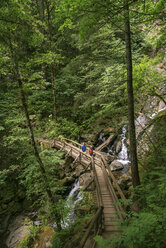 Fernblick auf Wanderer, die einen Holzsteg über einen Bach im Wald überqueren - CAVF59472