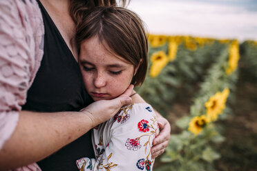 Mittelteil einer Mutter, die ihre Tochter umarmt, während sie in einer Sonnenblumenfarm steht - CAVF59496