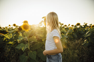 Seitenansicht eines Mädchens auf einem Sonnenblumenfeld gegen den klaren Himmel - CAVF59694
