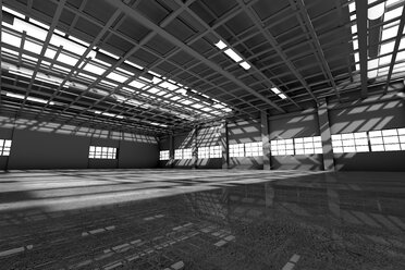 Architekturvisualisierung einer leeren Lagerhalle, 3D Rendering - SPCF00296
