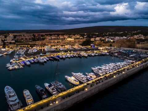 Mallorca, El Toro, Port Adriano at blue hour, aerial view stock photo