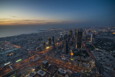 UAE, Dubai, Down Town Dubai and Sheikh Zayed Road at dusk - RUNF00373