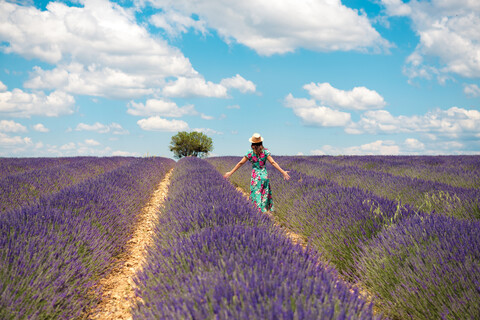 Frankreich, Provence, Hochebene von Valensole, Rückenansicht einer Frau inmitten von Lavendelfeldern im Sommer, lizenzfreies Stockfoto