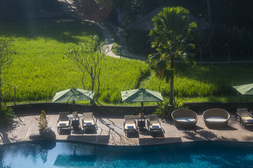 Indonesia, Bali, Ubud, Swimming pool in the Kamandalu Ubud resort, rice paddies - RUNF00388