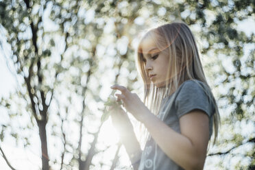 Side view of girl holding flower while standing against tree - CAVF59876