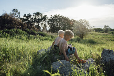 Shirtless brothers sitting on rock amidst grassy field against sky - CAVF59902