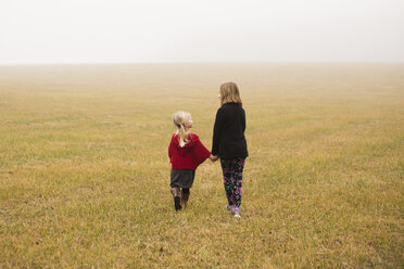 Rear view of siblings walking on field during foggy weather - CAVF60303