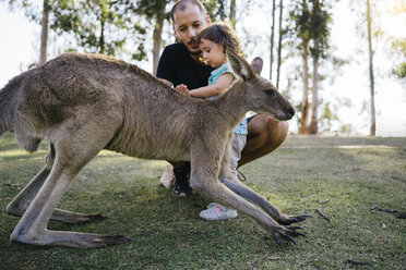 Australia, Brisbane, father and little daughter stroking tame kangaroo - GEMF02672