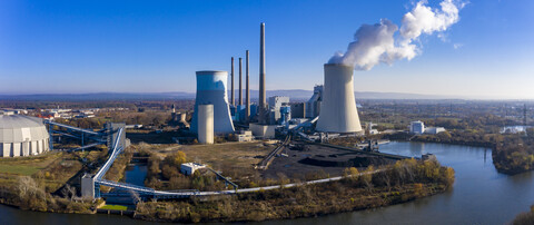 Germany, Hesse, Aerial view of Grosskrotzenburg Power Station stock photo