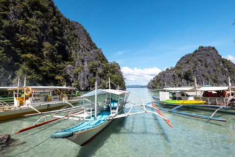 Philippinen, Palawan, Coron, Banca-Boote, lizenzfreies Stockfoto