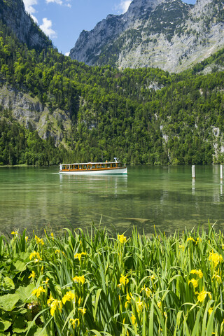 Deutschland, Bayern, Oberbayern, Berchtesgadener Alpen, Nationalpark Berchtesgaden, Koenigssee, Ausflugsschiff, lizenzfreies Stockfoto