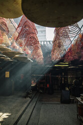 Hongkong, Yau Ma Tei, Tin-Hau-Tempel, Weihrauchspiralen im Lichtstrahl - DAWF00812